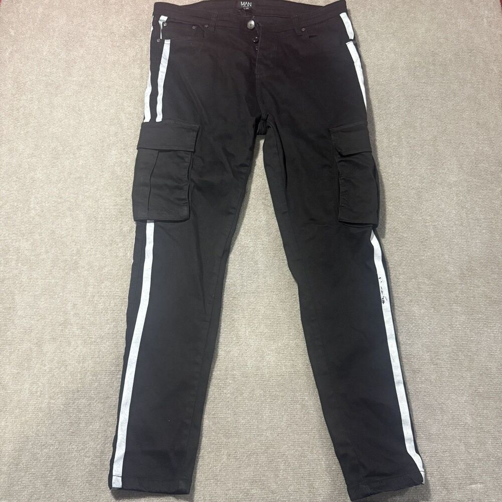 Men's BooHoo Man Skinny Black White‎ Cargo Jeans Size 38x32